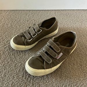 Superga velcro triple strap khaki canvas woven classic slip on low-top sneakers